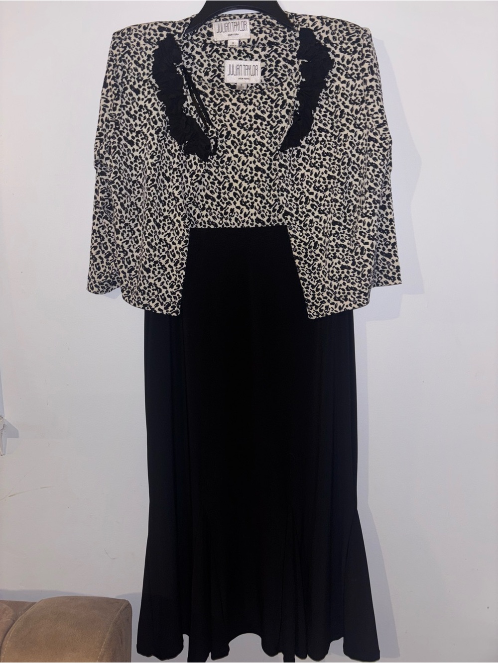 Julian Taylor Black Maxi Dress with Cream-and-Black Leopard Jacket
